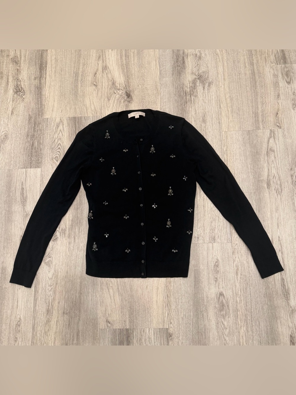 NWOT Loft Black Beaded Cotton Cardigan Sweater Size Small